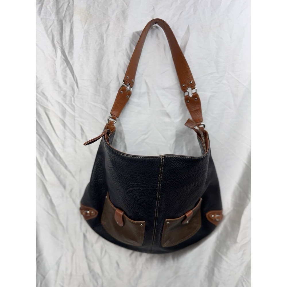 COLE HAAN VILLAGE TRI COLOR PEBBLE LEATHER DOUBLE POCKET LARGE SHOULDER BAG